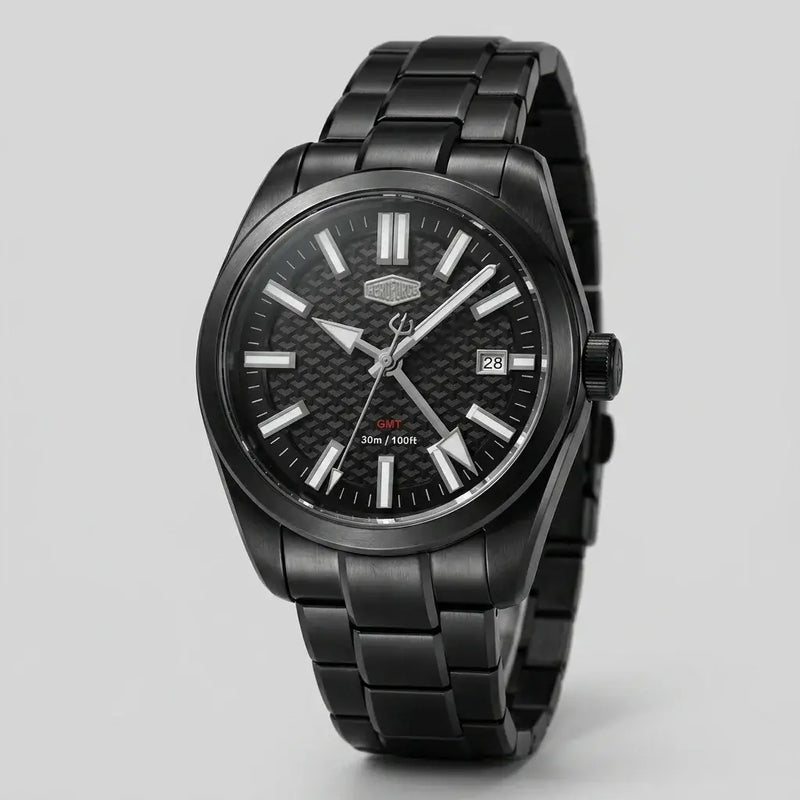 A HeroForce wristwatch with a matte black metal case and link bracelet, featuring a textured black dial with silver-tone indices and hands, a date window at 3 o'clock, and a small red 'GNT' accent.