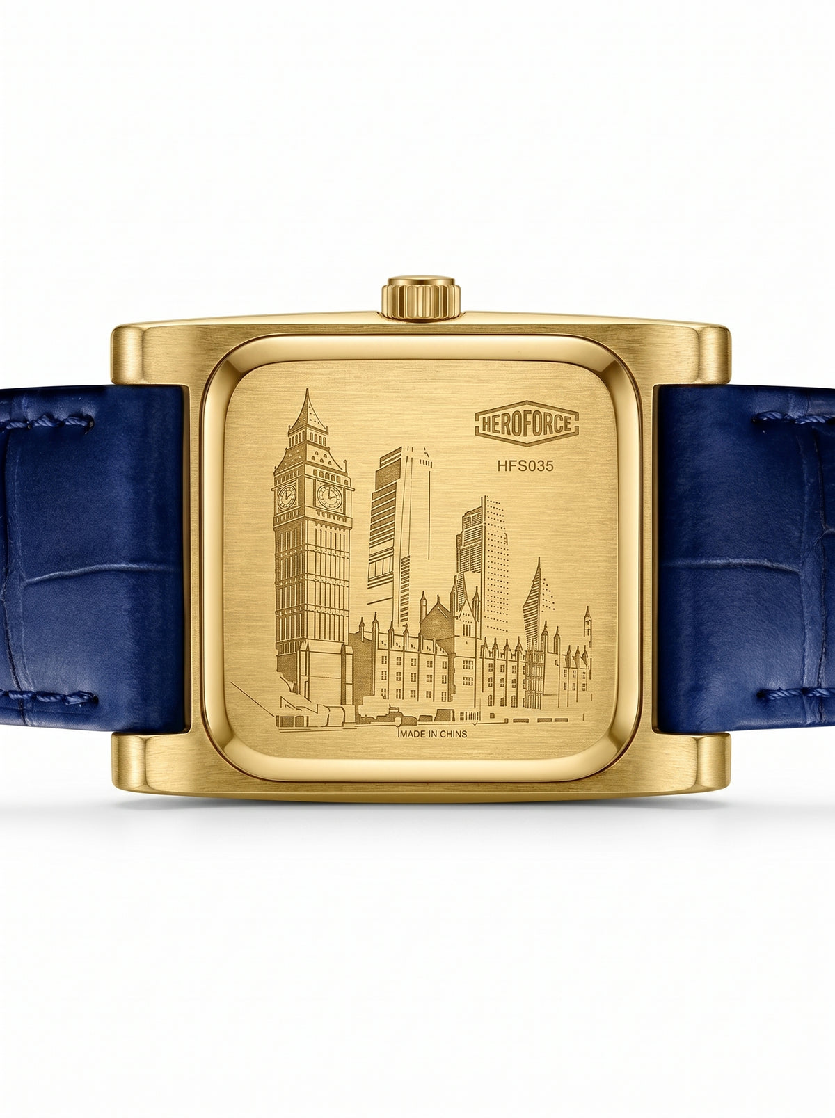 A square gold-tone wristwatch with a blue leather strap, shown from the back.