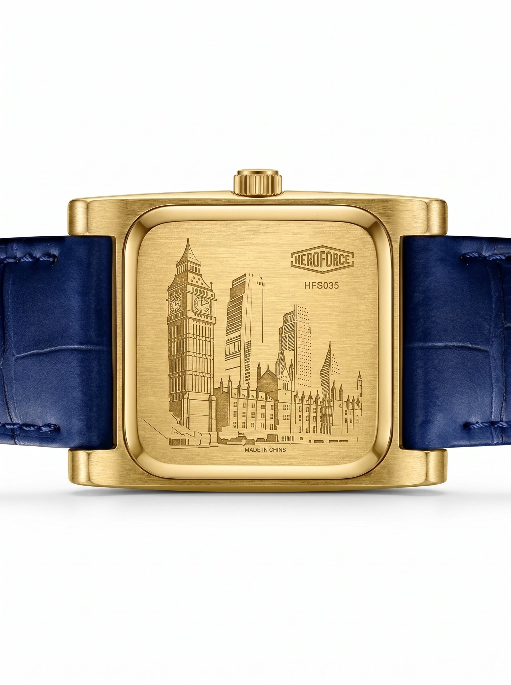 A square gold-tone wristwatch with a blue leather strap, shown from the back.