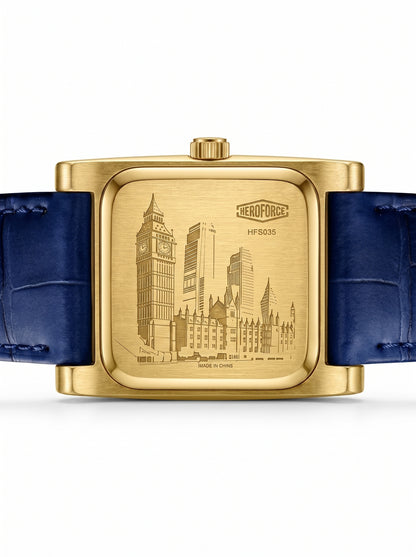 A square gold-tone wristwatch with a blue leather strap, shown from the back.