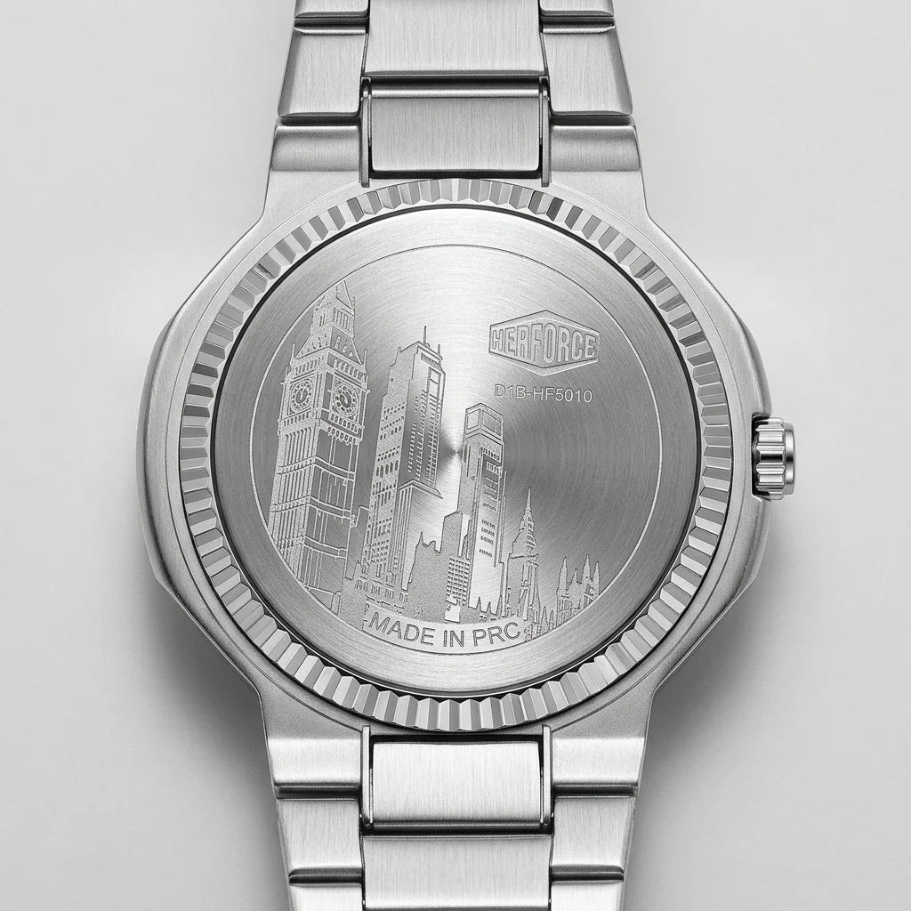 Heroforce 5036B Ocean Wav - rear-view stainless steel caseback macro