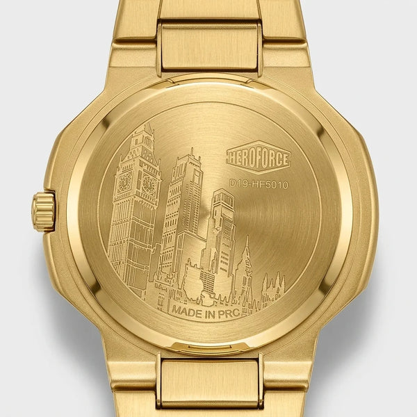 HeroForce 5037A – Luxury - Gold watch, engraved caseback, rear view, studio shot