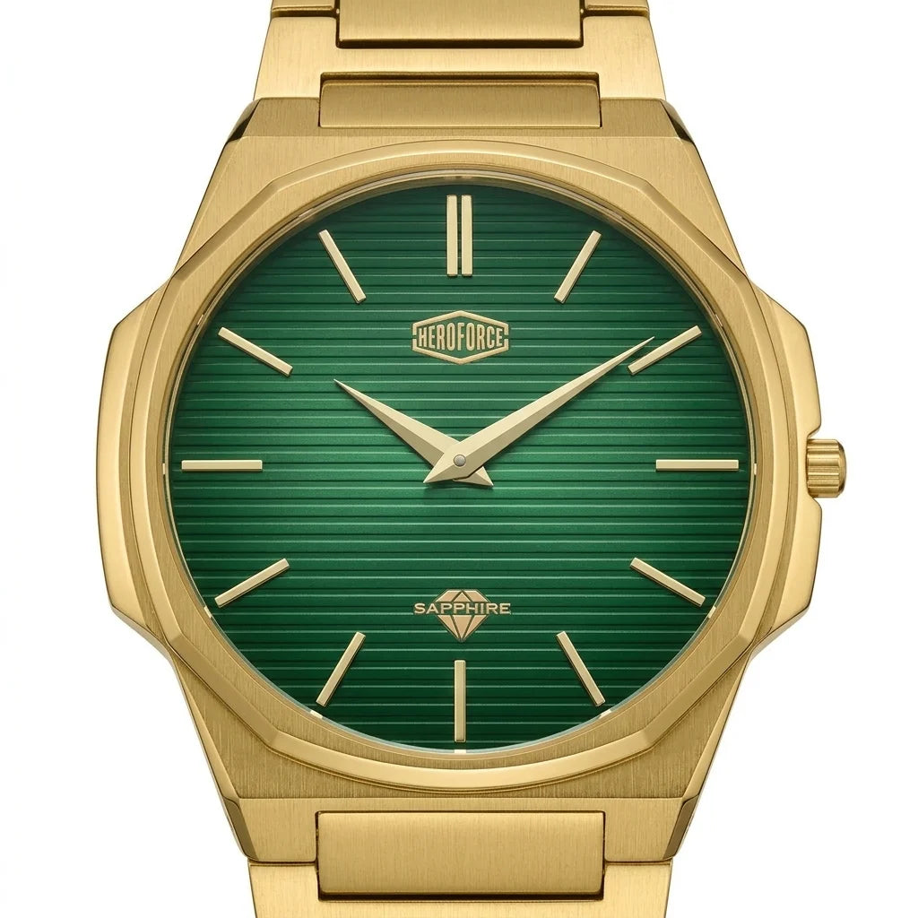 close up gold green dial