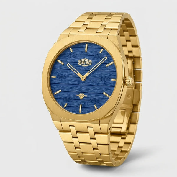 gold watch, blue dial, full view angled