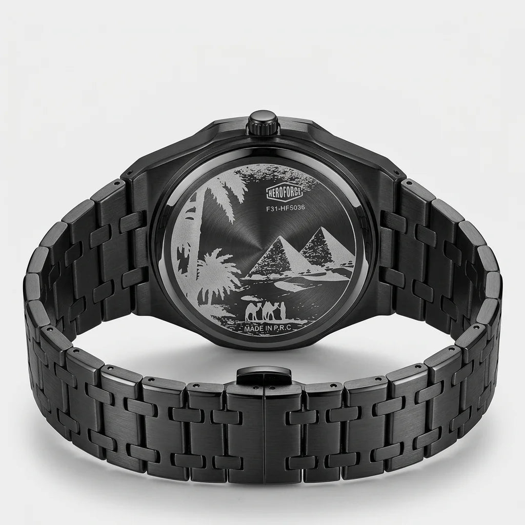 HeroForce 5040B Octagonal - black brushed steel, engraved caseback, rear view