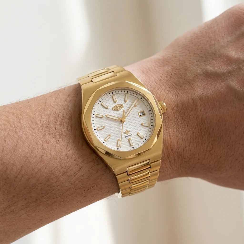 HeroForce 5041 Gold Light - gold luxury watch, worn wrist, natural daylight