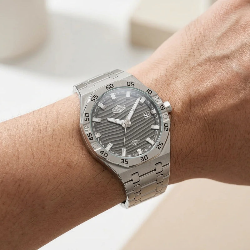 watch on wrist grey dial