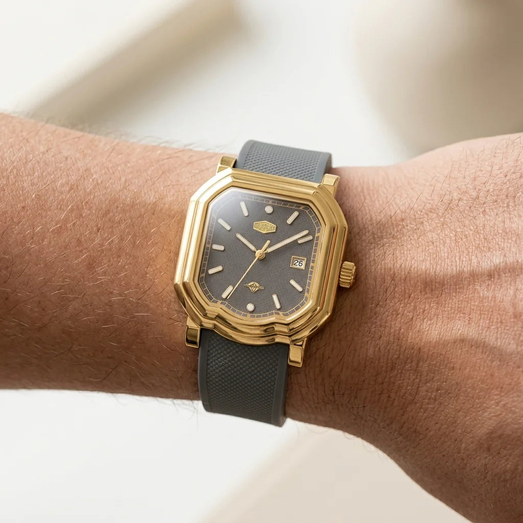 A close-up of a men's watch with an octagonal gold-tone case, a dark gray dial, and a textured dark gray strap, shown worn on a person's wrist.