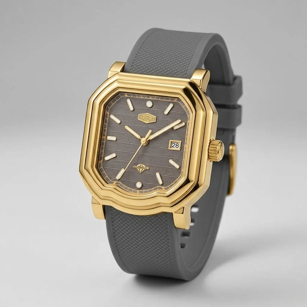 A luxury watch with an octagonal gold-tone case, a textured dark gray dial, and a matching dark gray textured strap, shown on a neutral light gray background.