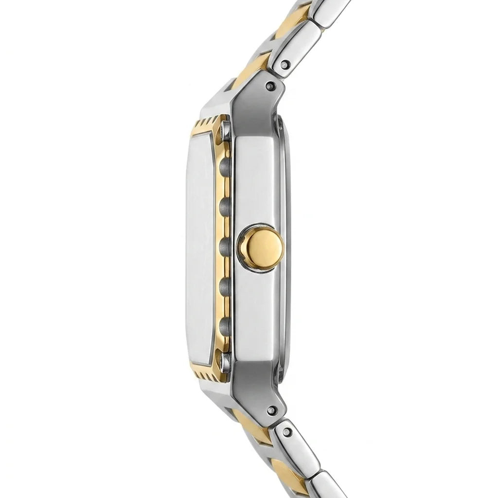 white dial, square case, two-tone bracelet