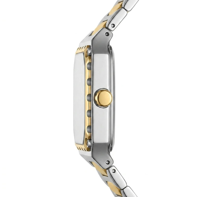 white dial, square case, two-tone bracelet
