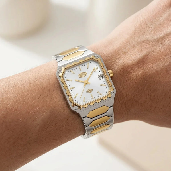 HeroForce 5045 Square Cas - worn on wrist, modern luxury, soft lighting, blurred background