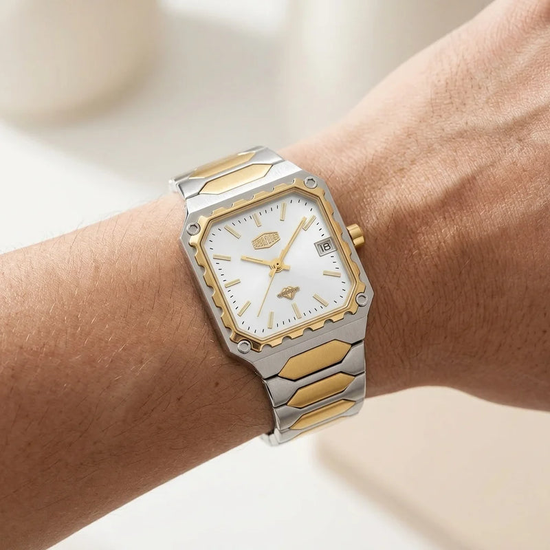 HeroForce 5045 Square Cas - worn on wrist, modern luxury, soft lighting, blurred background