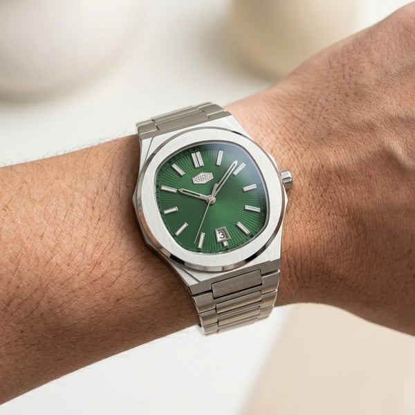 HeroForce 5046 Luxury Analog - worn wrist, soft light, modern luxury, hyperrealistic