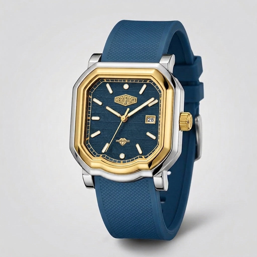 A men's analog watch with an octagonal bezel, featuring a blue textured dial, gold-tone hands and markers, a silver-tone case, and a blue silicone strap, shown on a light gray background.