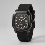 angled view black watch with square case