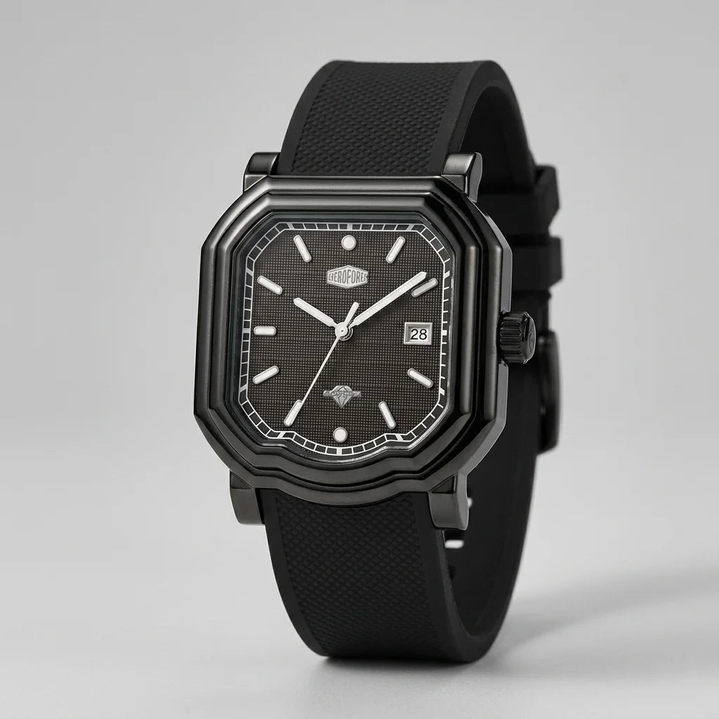 angled view black watch with square case
