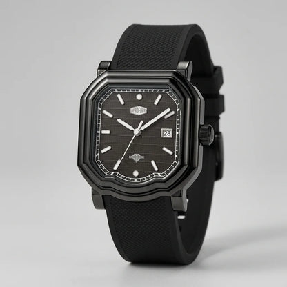 angled view black watch with square case