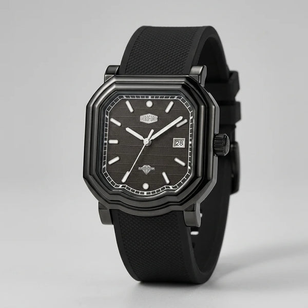 angled view black watch with square case