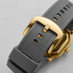 close up buckle, grey strap texture