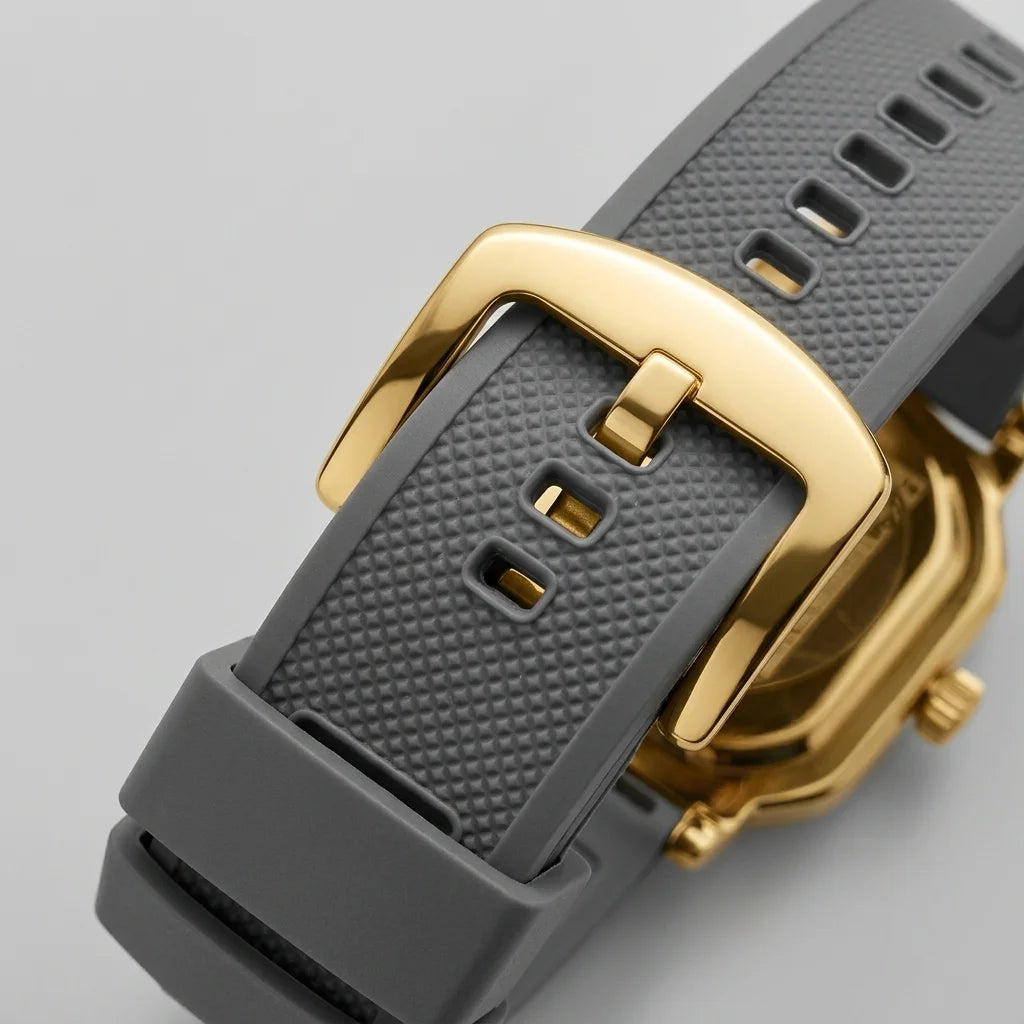 close up buckle, grey strap texture