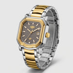 A two-tone stainless steel and gold wristwatch with an octagonal bezel, a textured dark brown dial