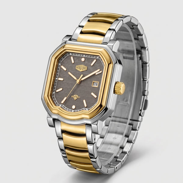 A two-tone stainless steel and gold wristwatch with an octagonal bezel, a textured dark brown dial