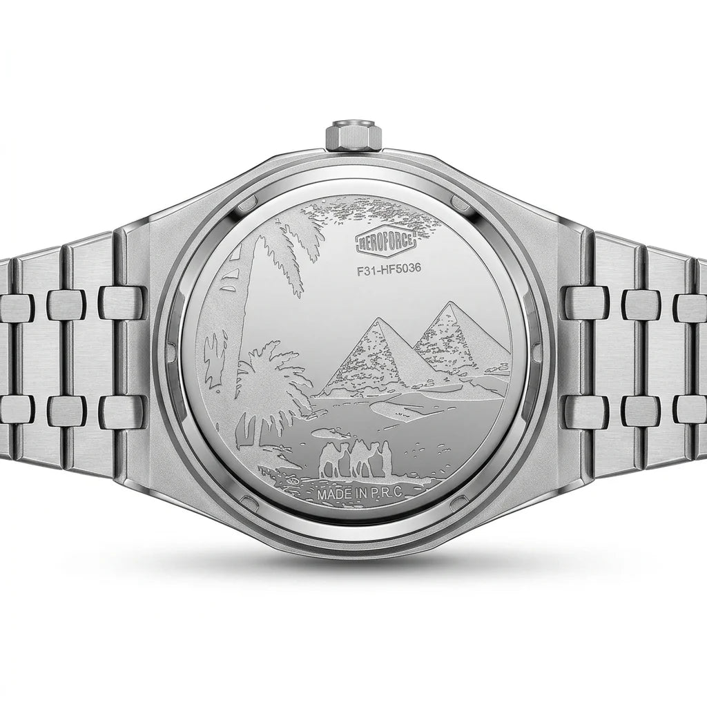 engraved case back pyramids