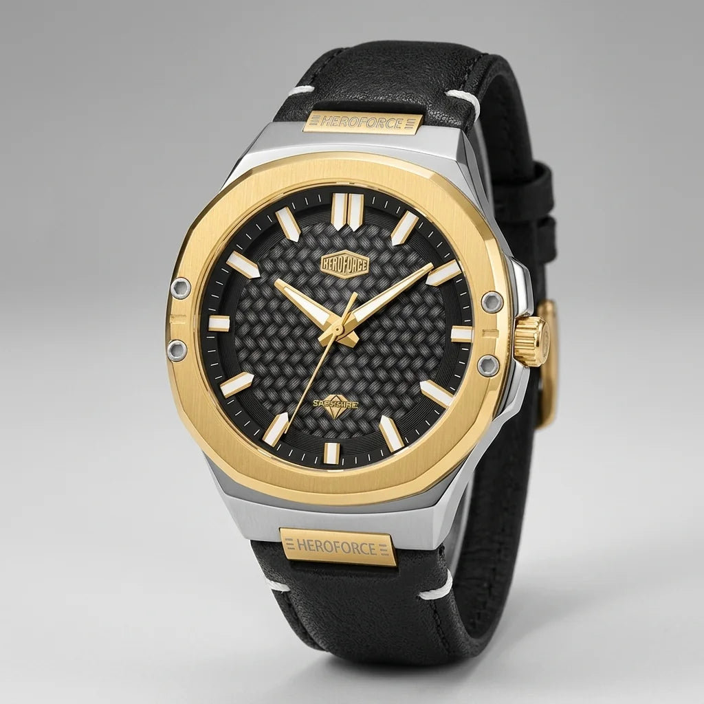 HeroForce Caldris 5033B - Men's Textured Dial Leather Watch - Luxury Watch, Studio Shot, Crisp Metal, Diffused Lighting