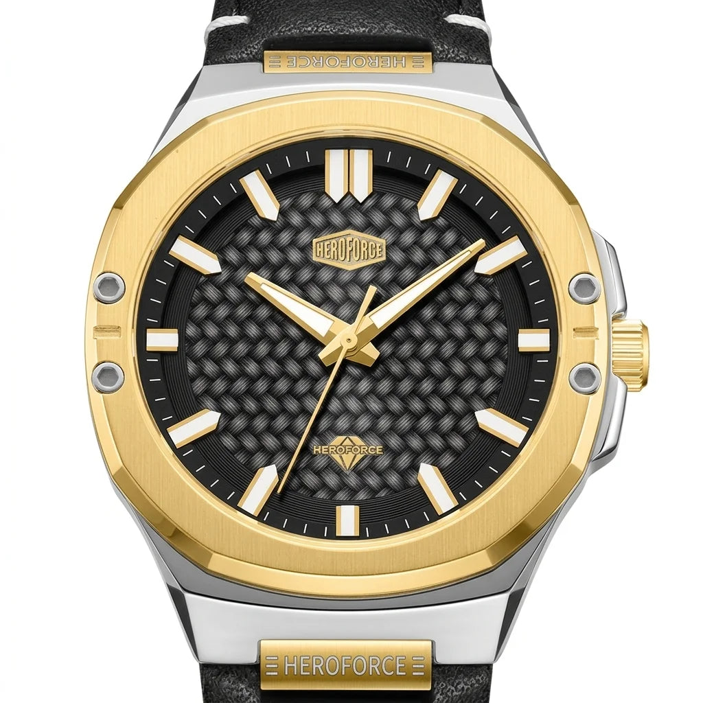 HeroForce Caldris 5033B - Men's Textured Dial Leather Watch - Macro watch dial, luxury studio product, white background, crisp detail