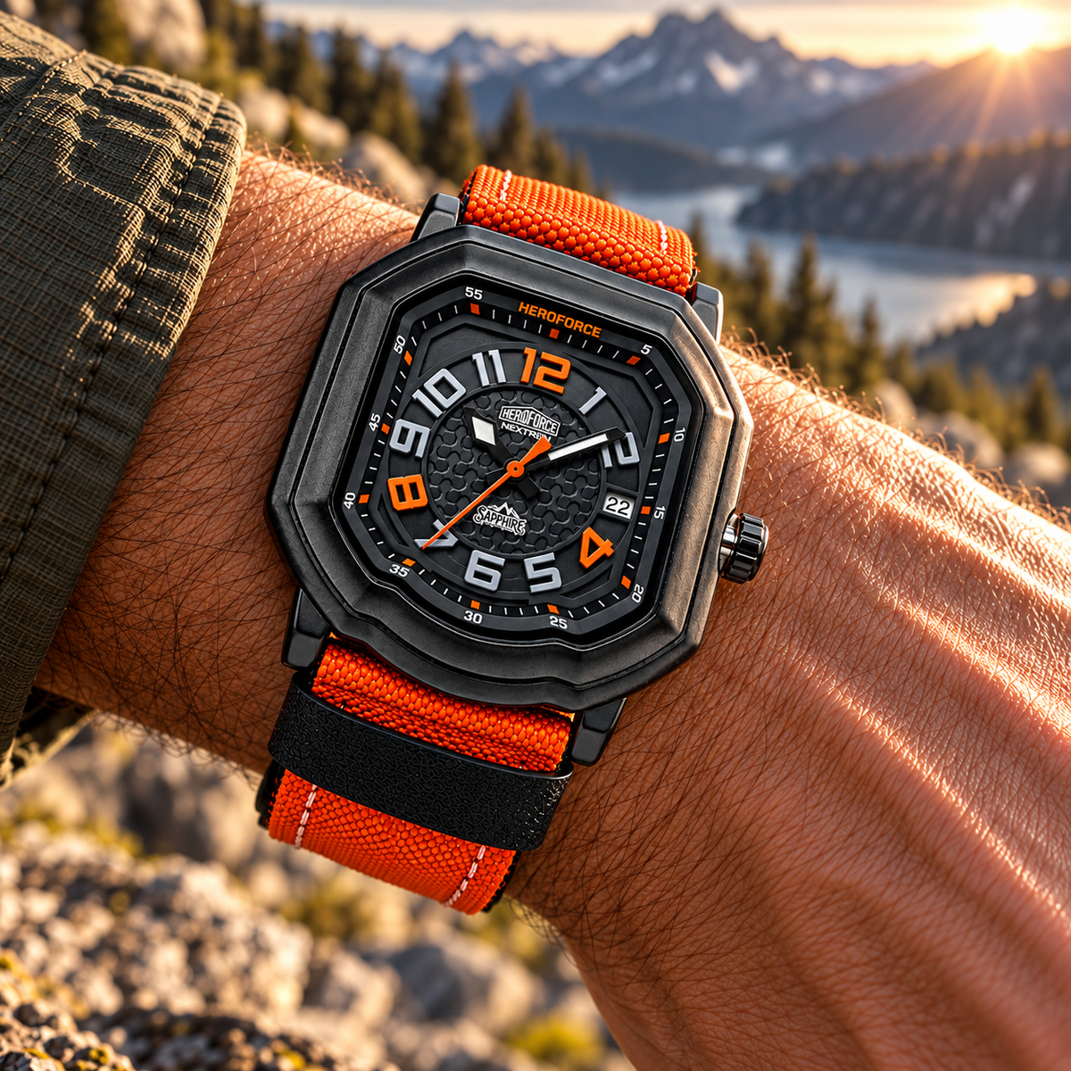 A rugged octagonal analog watch with a black textured case, worn on a person's wrist