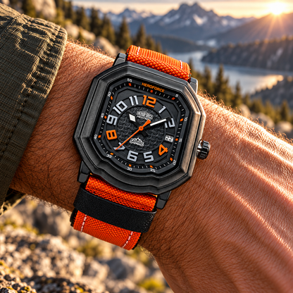 A rugged octagonal analog watch with a black textured case, worn on a person's wrist