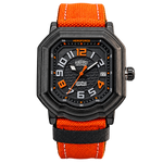 A rugged octagonal analog watch with a black textured case, black dial with orange and white details, and an orange woven fabric strap with white stitching, shown on a plain white background.