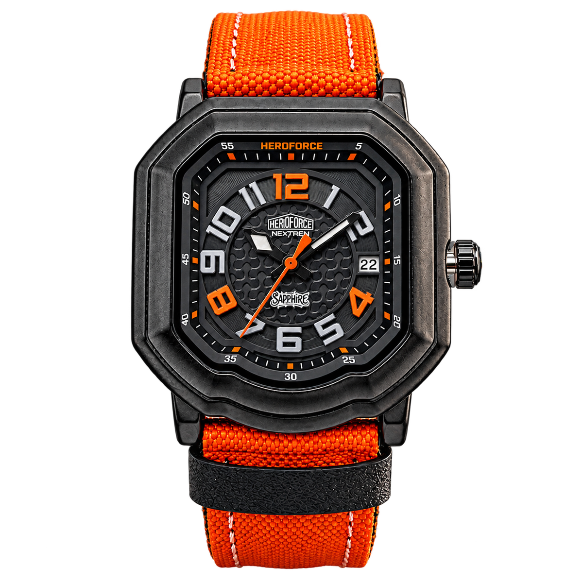 A rugged octagonal analog watch with a black textured case, black dial with orange and white details, and an orange woven fabric strap with white stitching, shown on a plain white background.