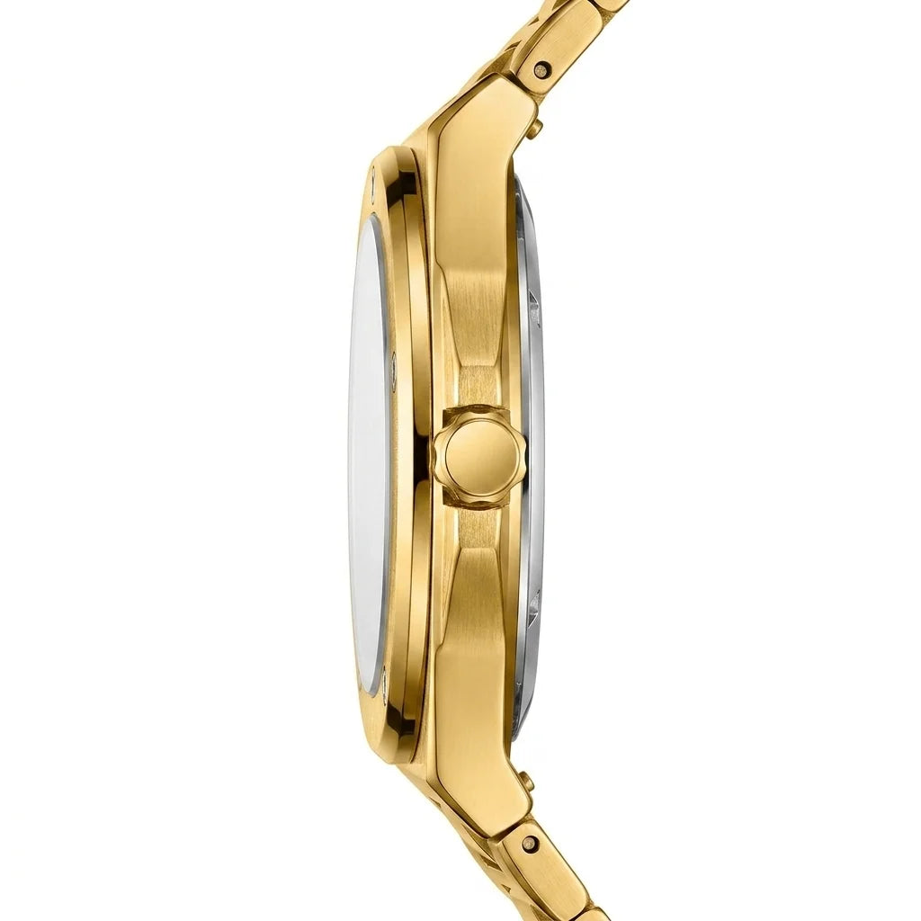 Precision luxury side view - Gold tone stainless steel wristwatch with a green wave patterned dial