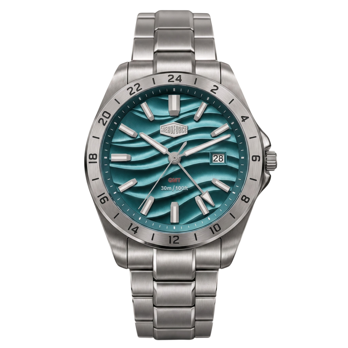 A stainless steel wristwatch with a wavy turquoise blue dial and a matching metal link bracelet, shown against a plain white background.