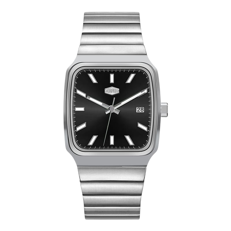silver watch black dial