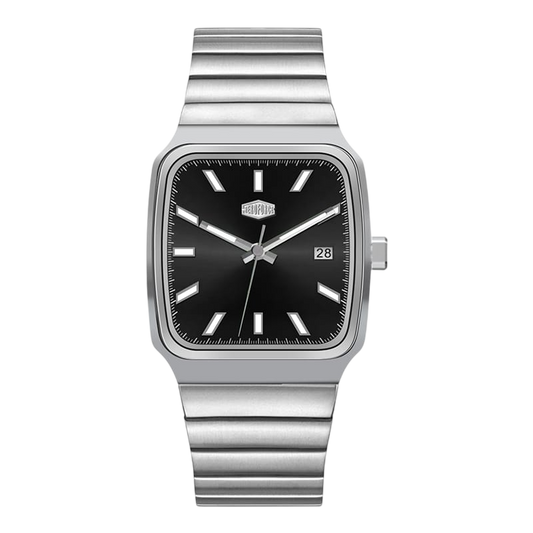 silver watch black dial