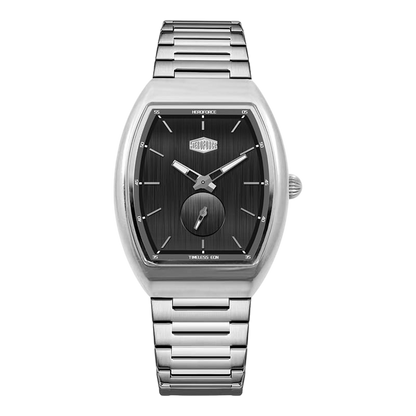 silver black dial watch