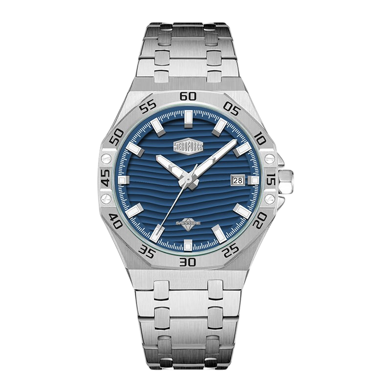 silver blue dial watch