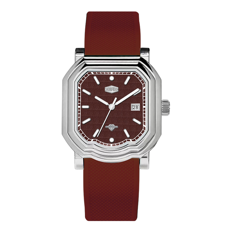 silver case red dial