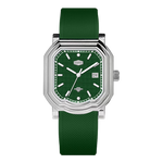 silver case green watch