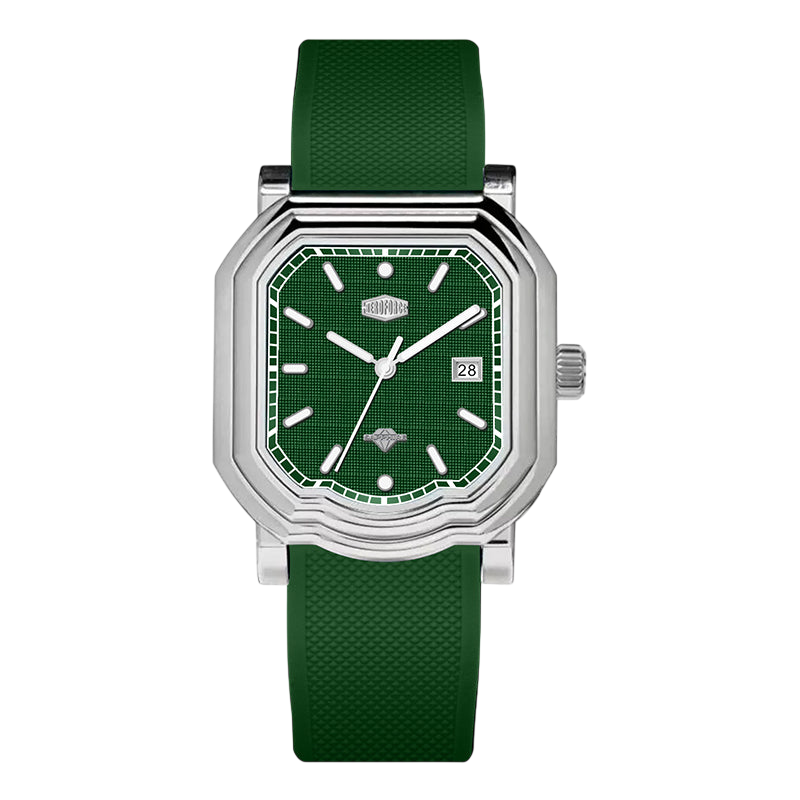 silver case green watch