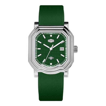 silver case green watch