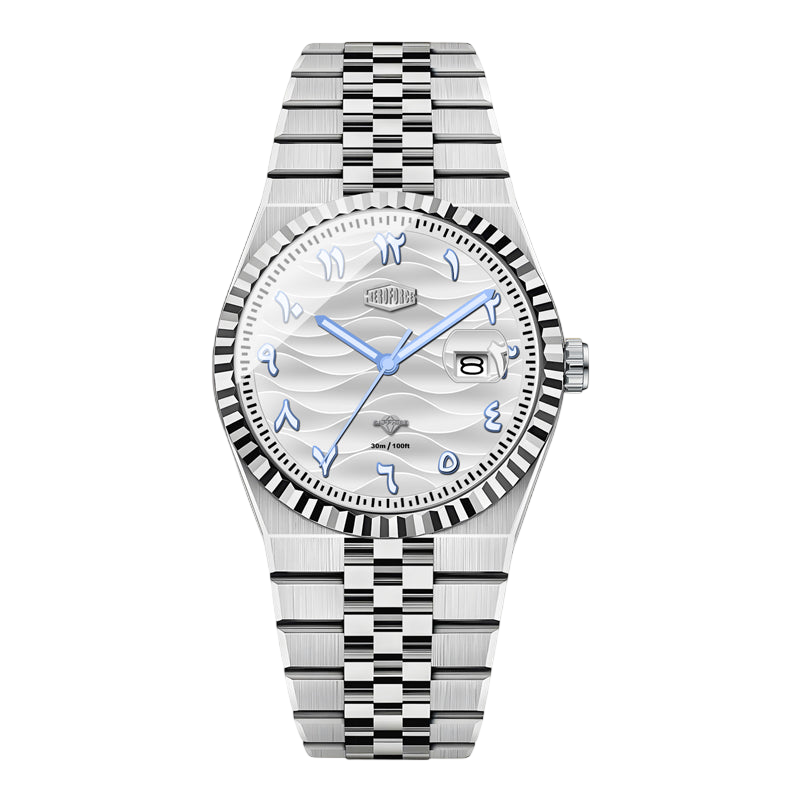 silver dial blue hands