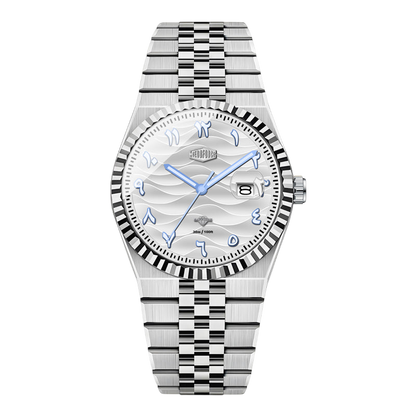 silver dial blue hands