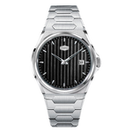 silver steel case, black striped dial