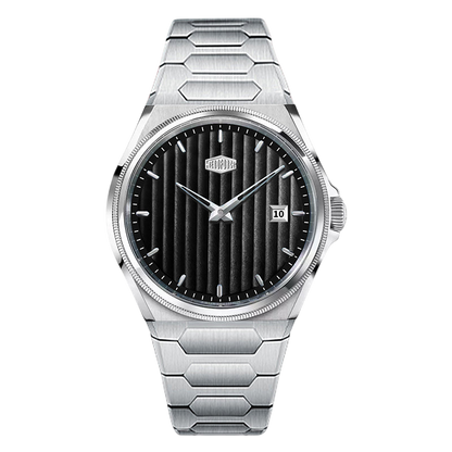 silver steel case, black striped dial