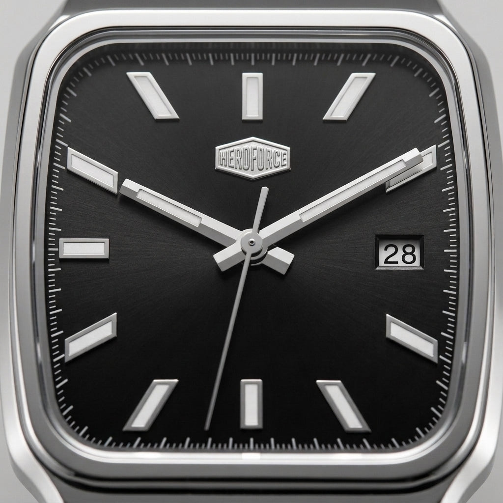 silver watch black dial Macro dial