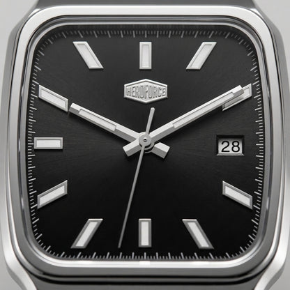 silver watch black dial Macro dial
